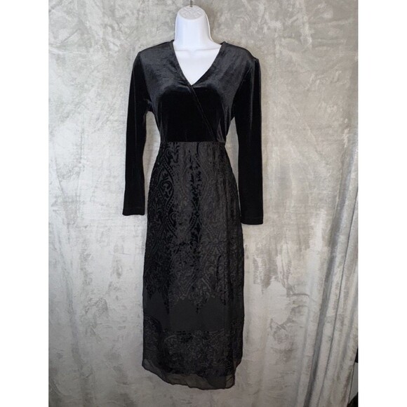 Carole Little Black Velvet Burnout Midi Maxi Dress Size 4 Gothic Elegance Formal - Picture 1 of 10